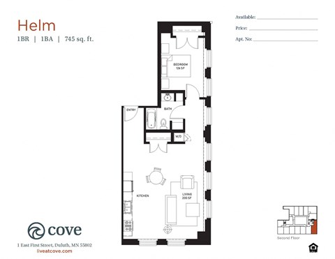 Floor plan for 1 bed, 1 bath, 745 sqft